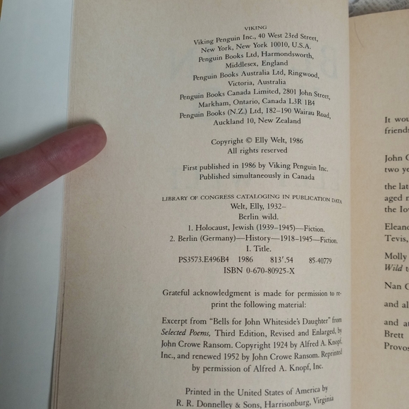 1986 First Edition Berlin Wild Elly Welt World War II Novel W/ Dust Jacket - Picture 9 of 10